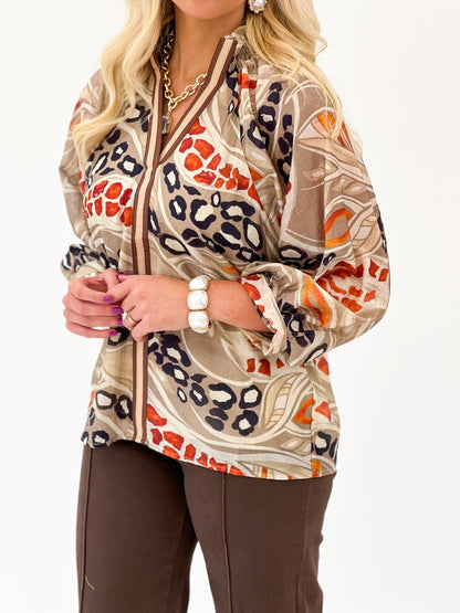 Smocked collar blouse in a mocha print