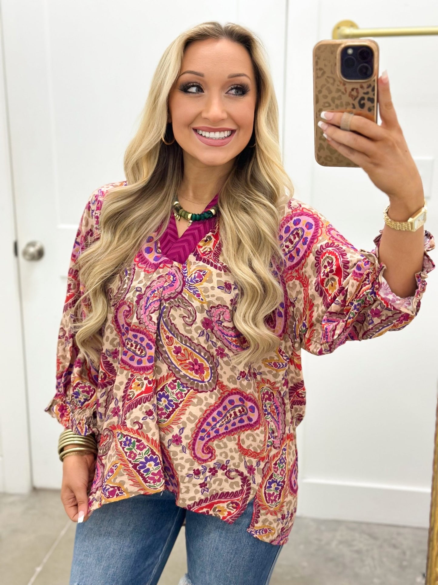 Umgee Printed V-Neck Front Pleat Long Sleeve Top - Lavish Boutique01-TOPS