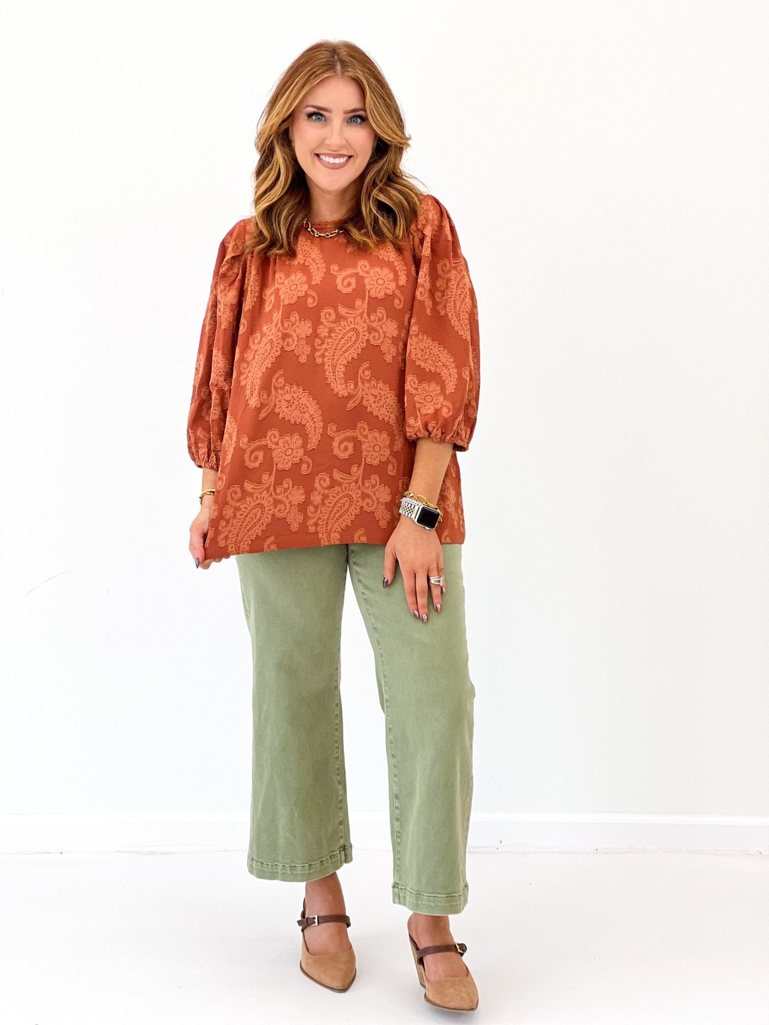 Terracotta lace pattern puff sleeve blouse with round neck
