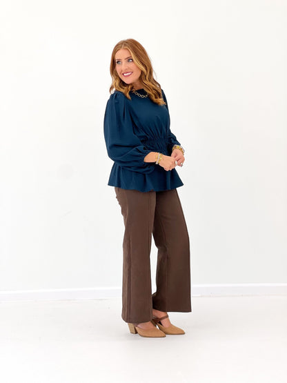 Umgee Round Neck Puff Sleeve Elastic Waist Top - Lavish Boutique01-TOPS
