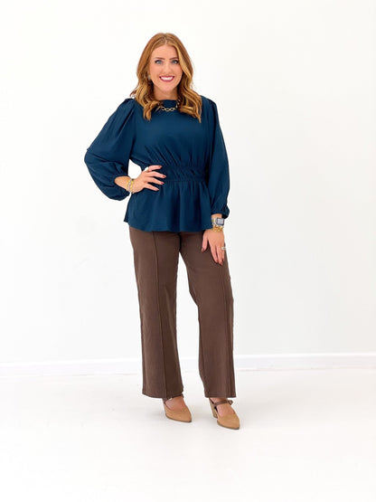 Umgee Round Neck Puff Sleeve Elastic Waist Top - Lavish Boutique01-TOPS