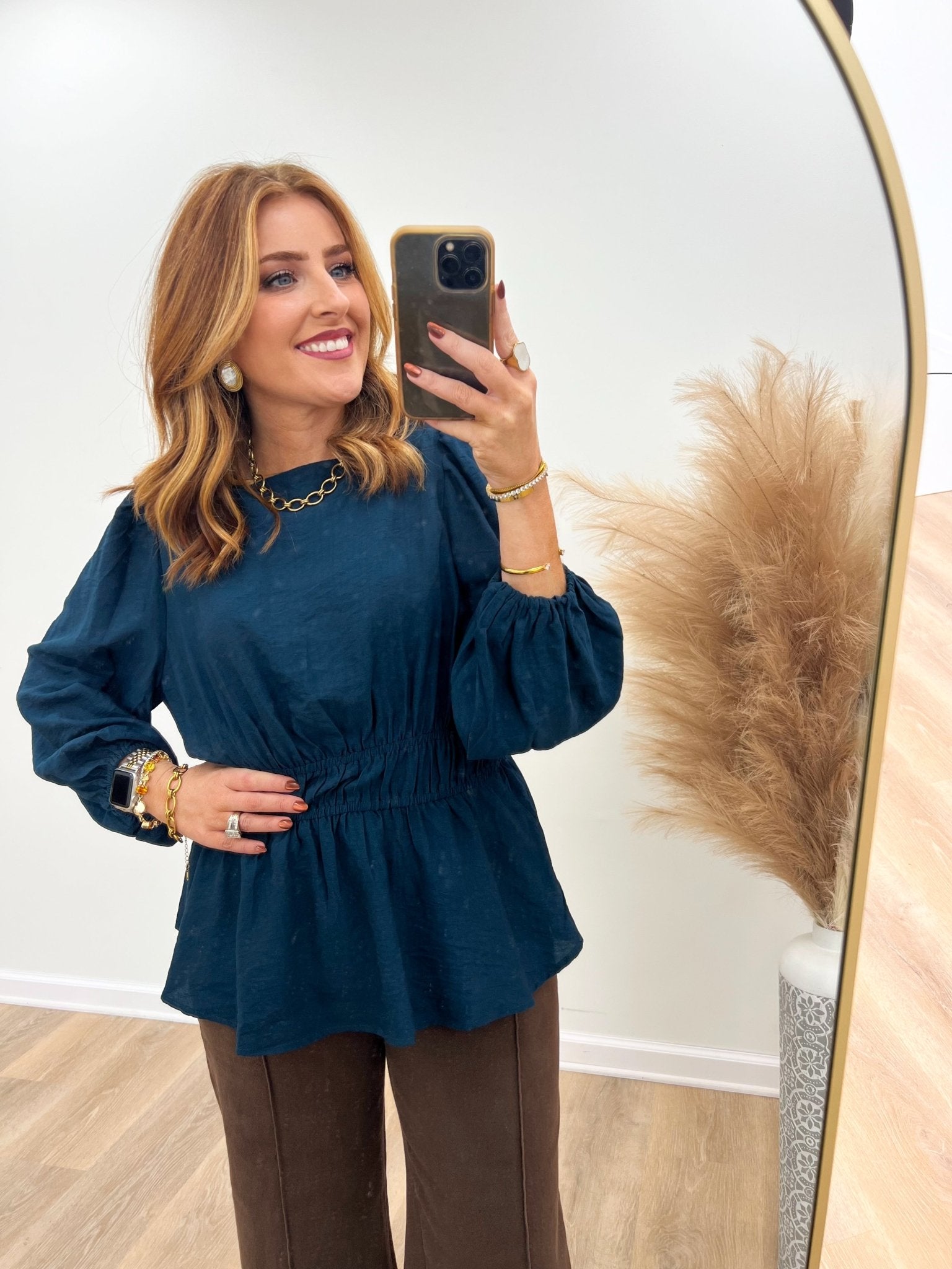 Umgee Round Neck Puff Sleeve Elastic Waist Top - Lavish Boutique01-TOPS