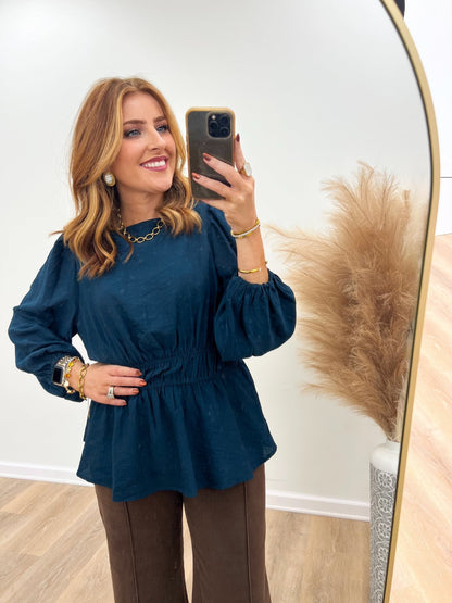 Umgee Round Neck Puff Sleeve Elastic Waist Top - Lavish Boutique01-TOPS