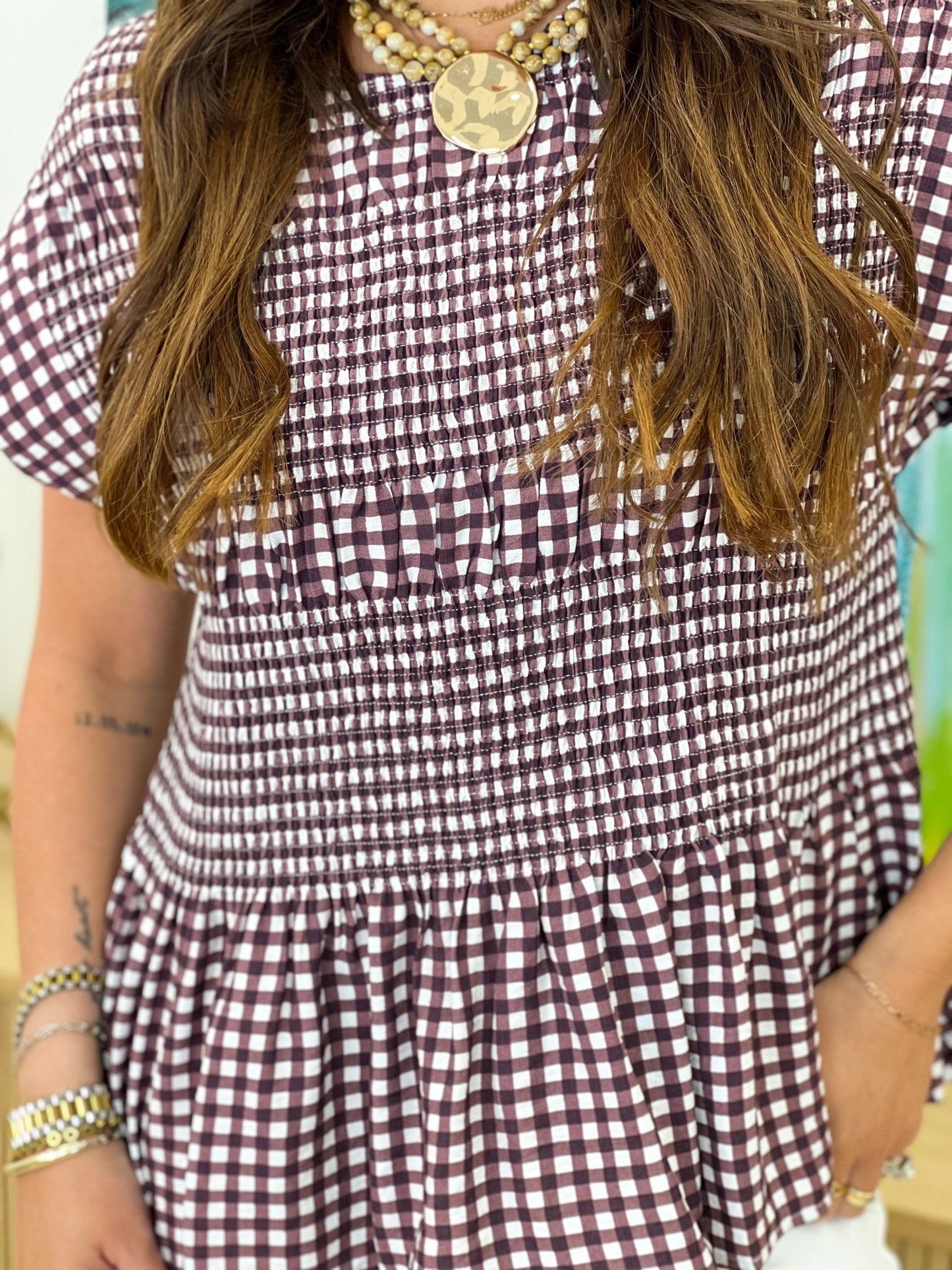 Smocked blouse with scallop edged short sleeves