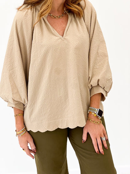 Umgee Scalloped V-Neck Long Sleeve Top - Lavish Boutique01-TOPS