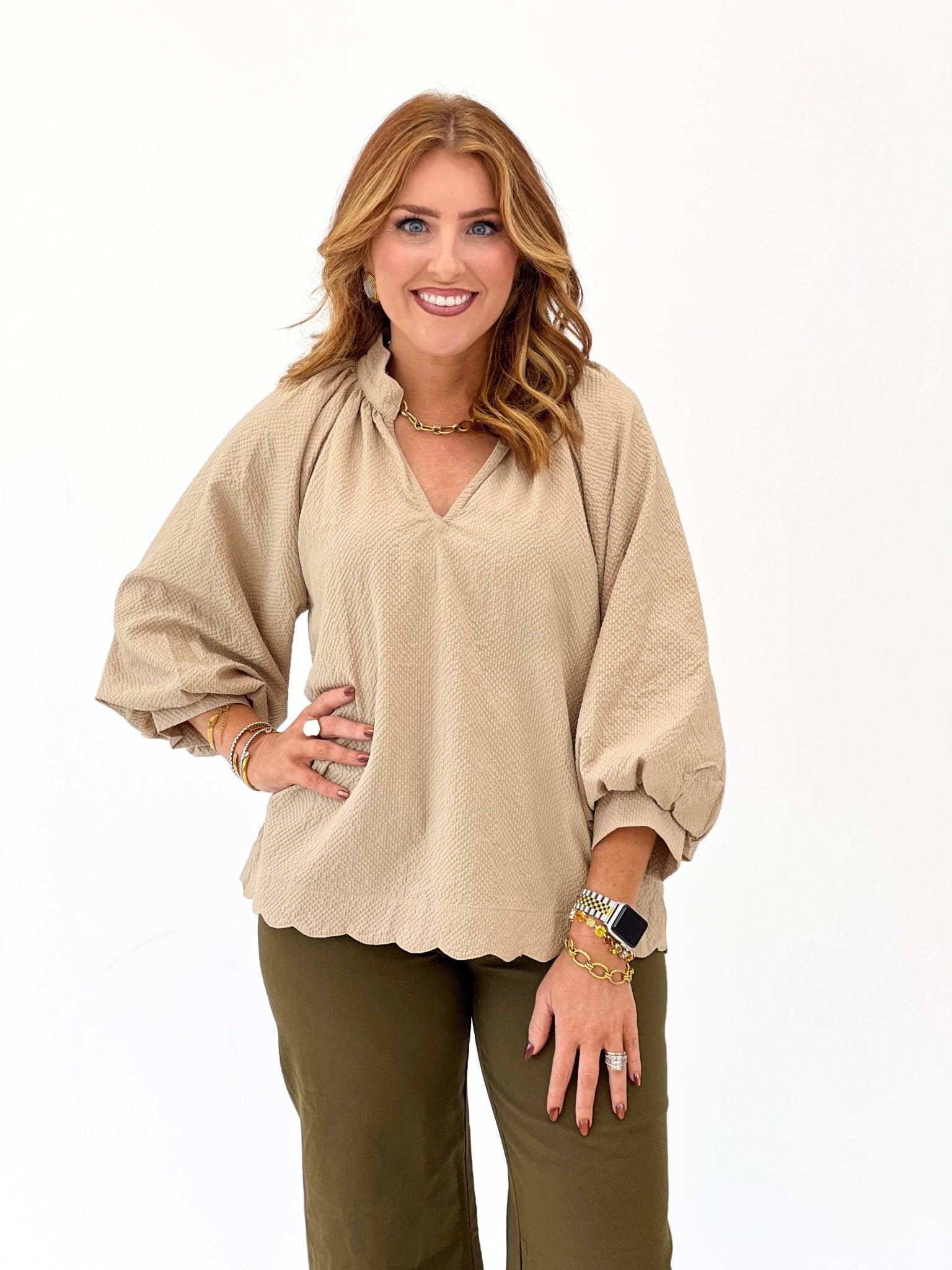 Umgee Scalloped V-Neck Long Sleeve Top - Lavish Boutique01-TOPS
