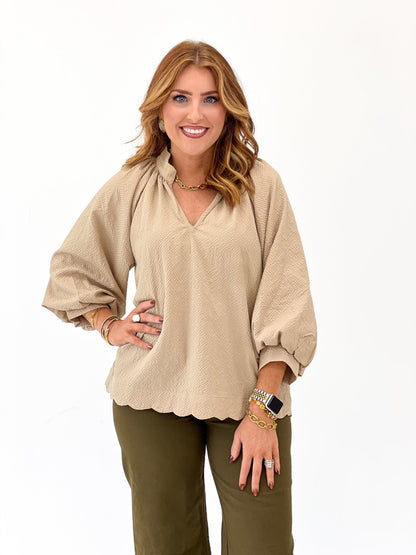 Umgee Scalloped V-Neck Long Sleeve Top - Lavish Boutique01-TOPS