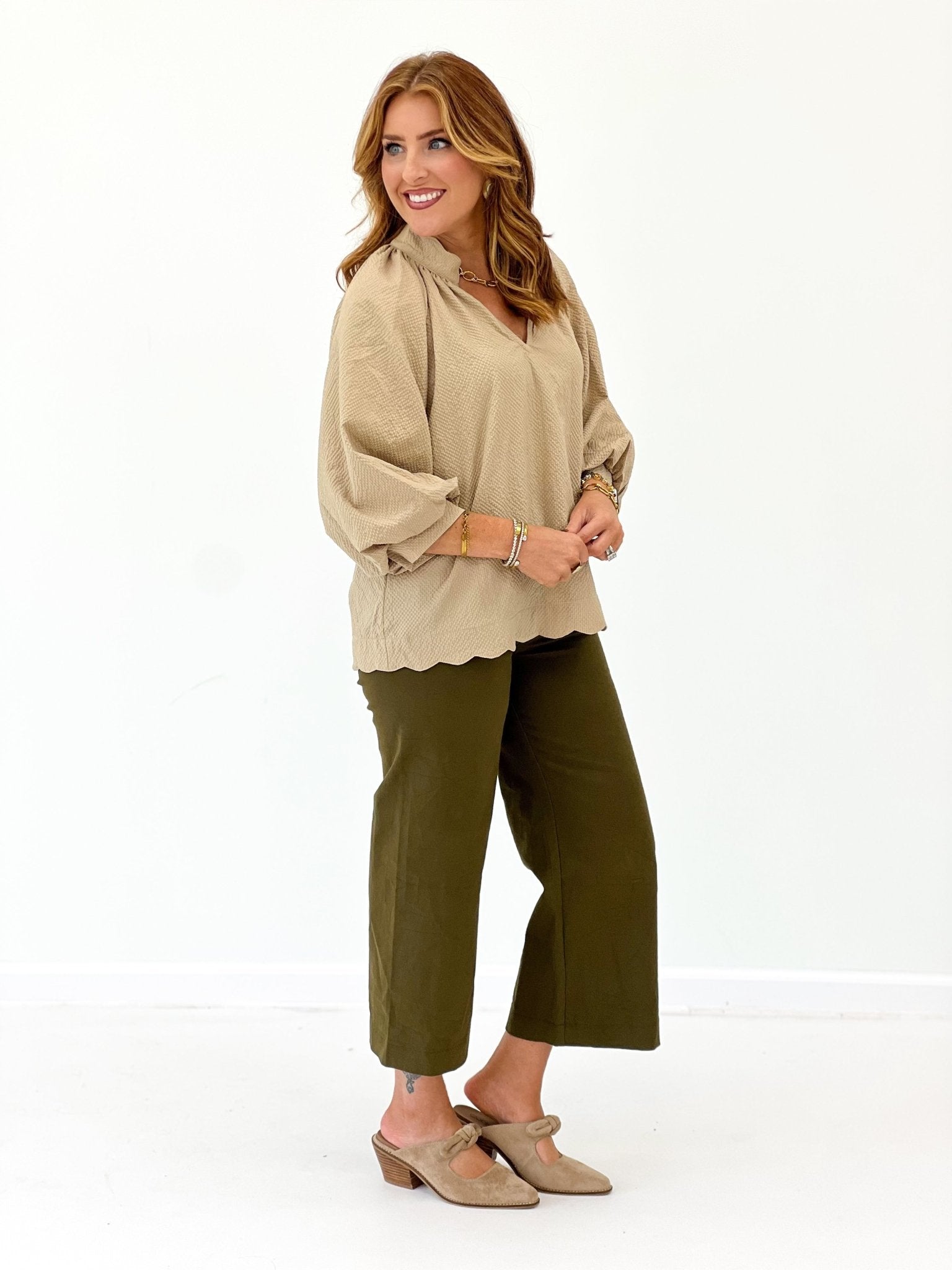 Umgee Scalloped V-Neck Long Sleeve Top - Lavish Boutique01-TOPS