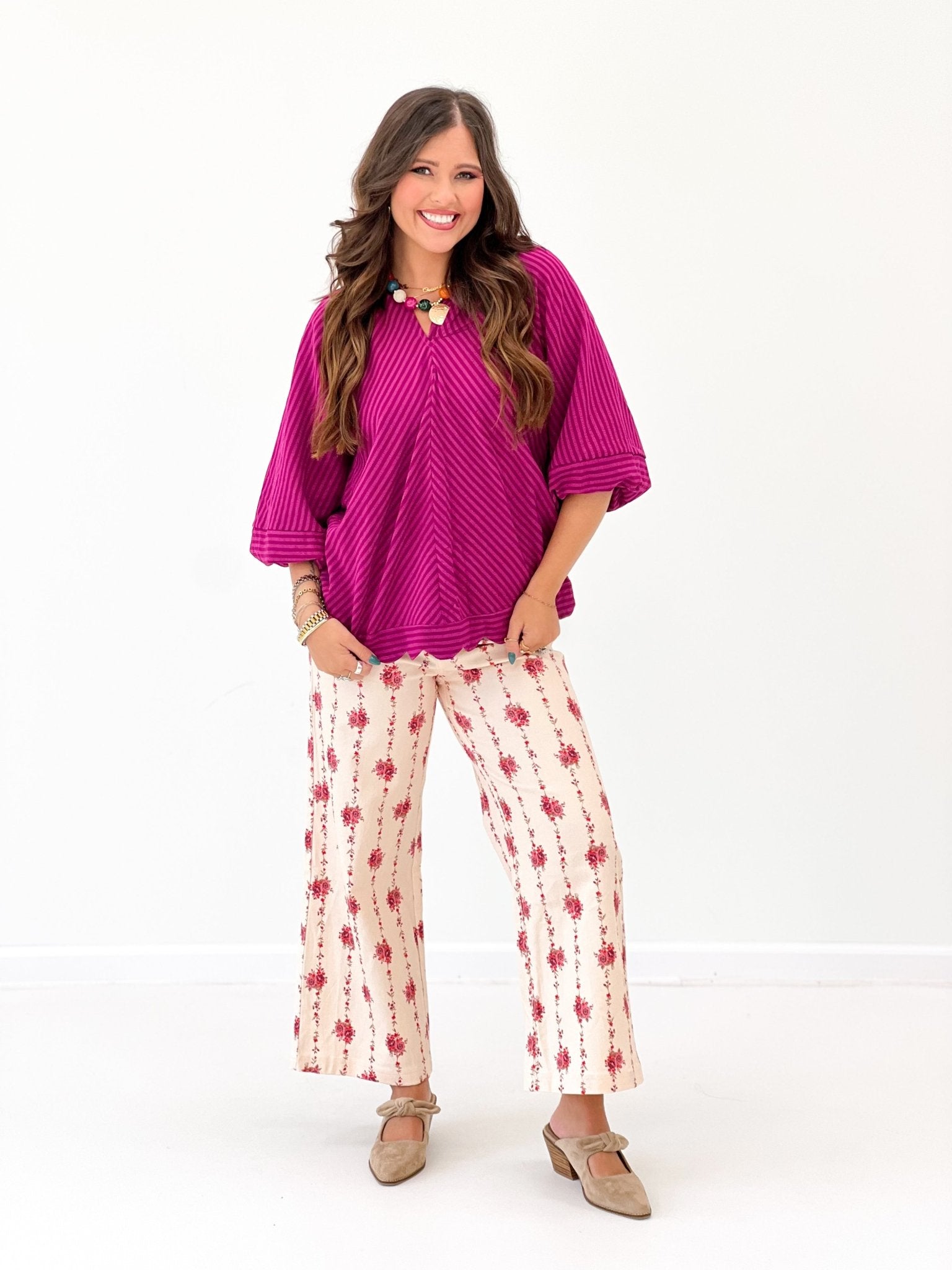 Umgee Striped Seersucker V-Neck Top - Lavish Boutique01-TOPS