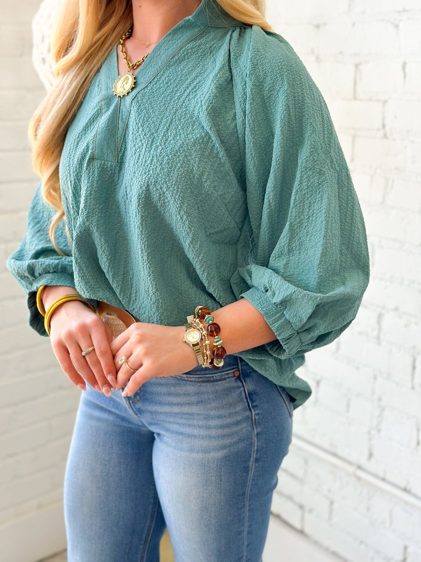 Umgee V-Neck Smocked Collar Scalloped Top - Lavish Boutique01-TOPS