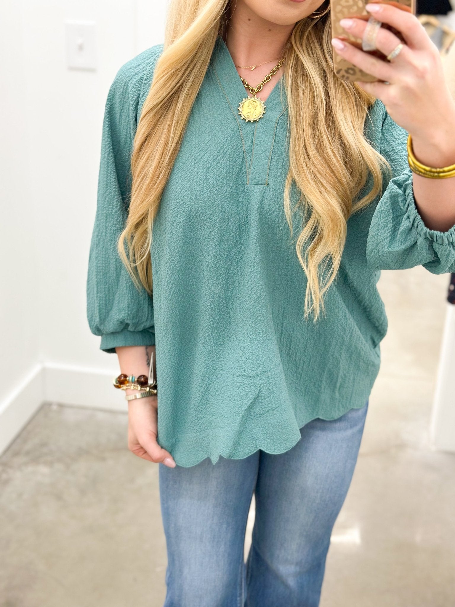 Umgee V-Neck Smocked Collar Scalloped Top - Lavish Boutique01-TOPS