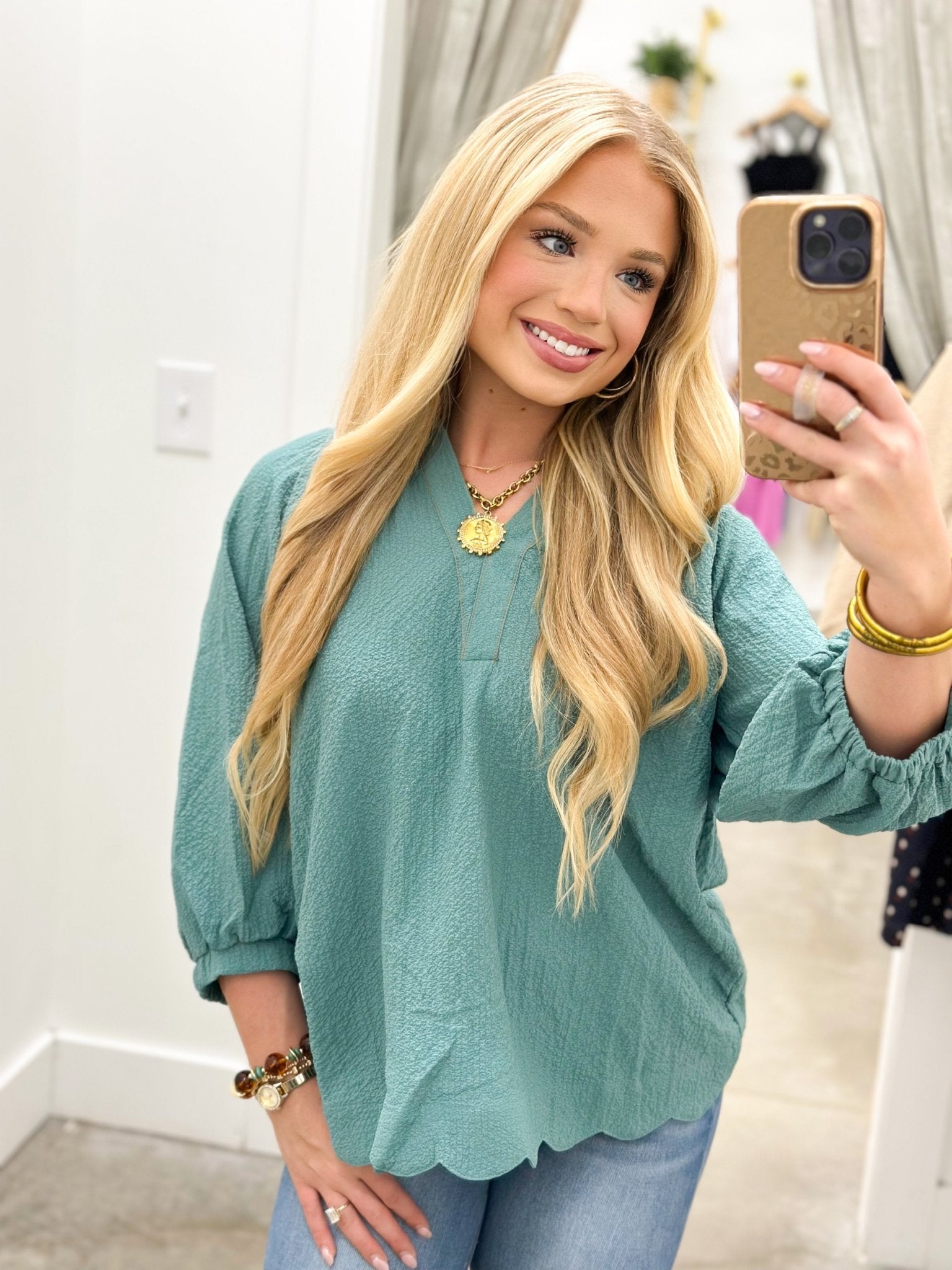Umgee V-Neck Smocked Collar Scalloped Top - Lavish Boutique01-TOPS