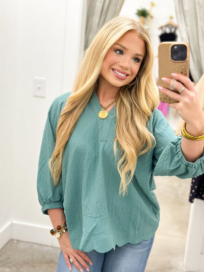 Umgee V-Neck Smocked Collar Scalloped Top - Lavish Boutique01-TOPS
