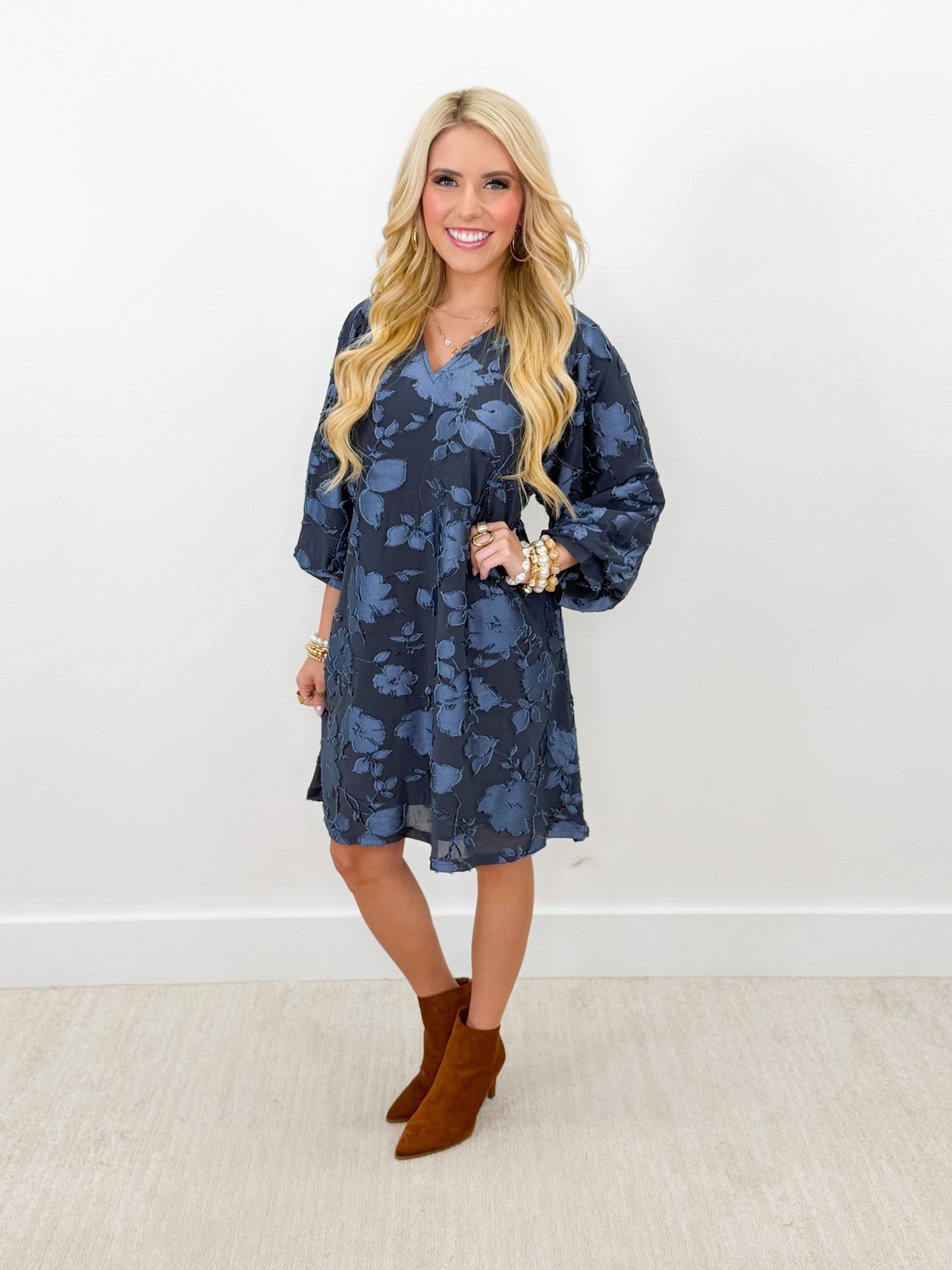 Long sleeve velvet dress in slate blue