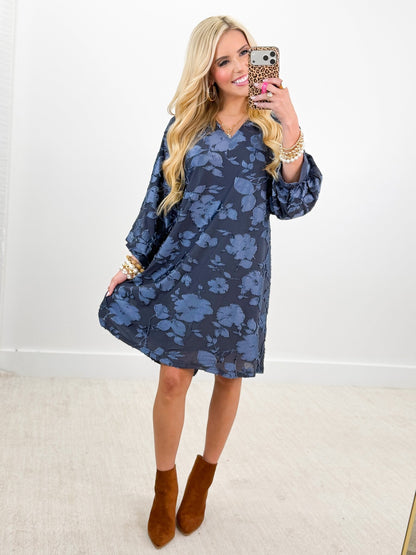 Soft velvet dress in slate blue with full-length sleeves