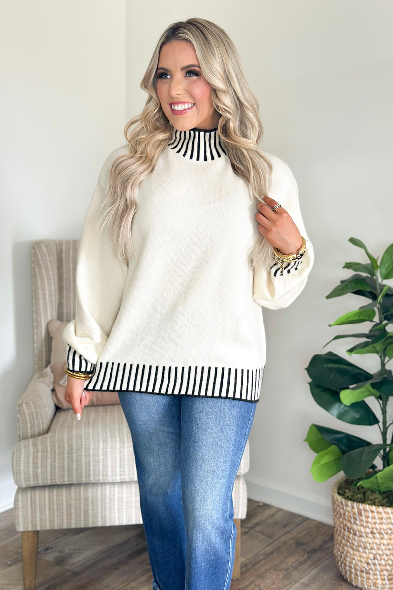 White and Black Mock Neck Stitch Sweater