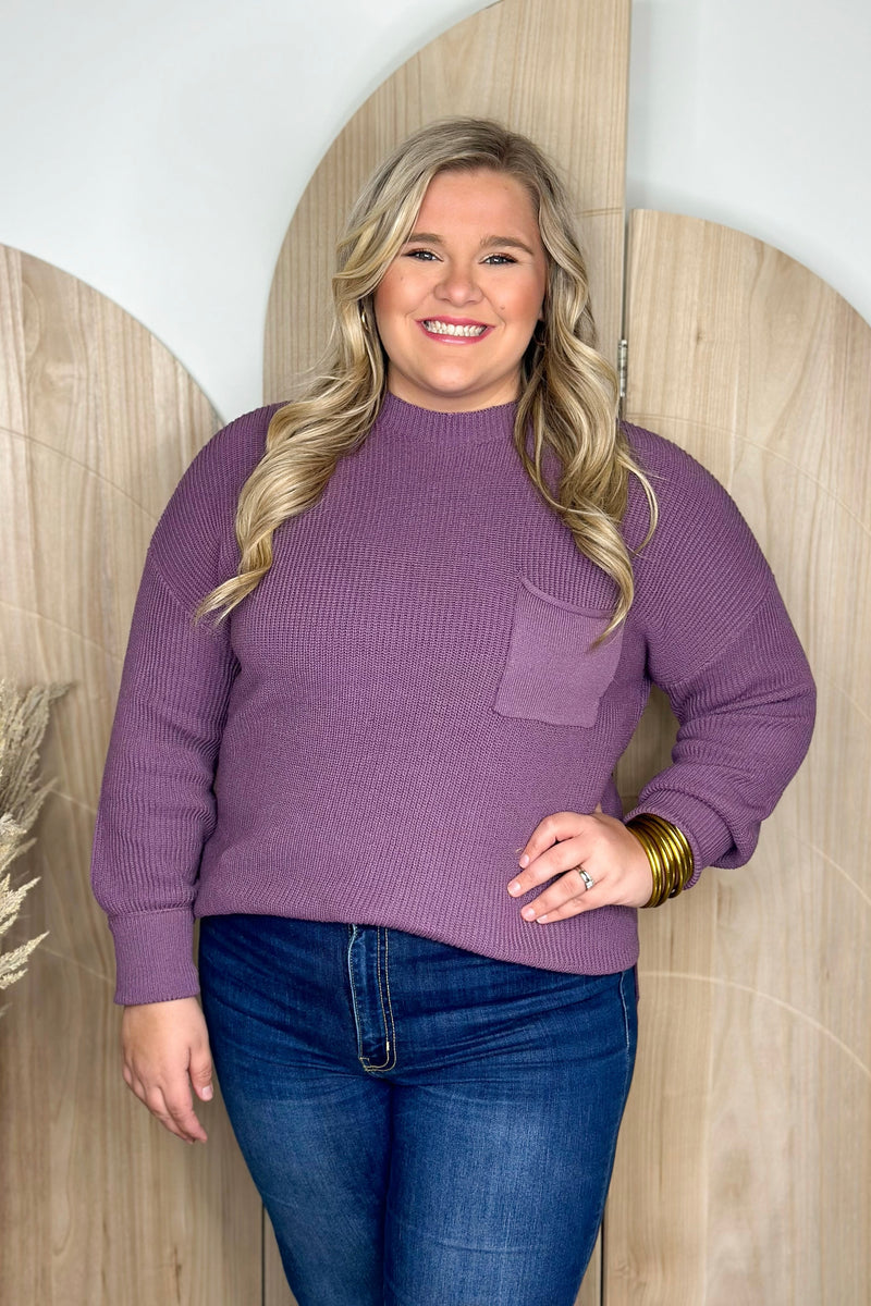 Dusty Purple Long Sleeve Knit Pocket Sweater