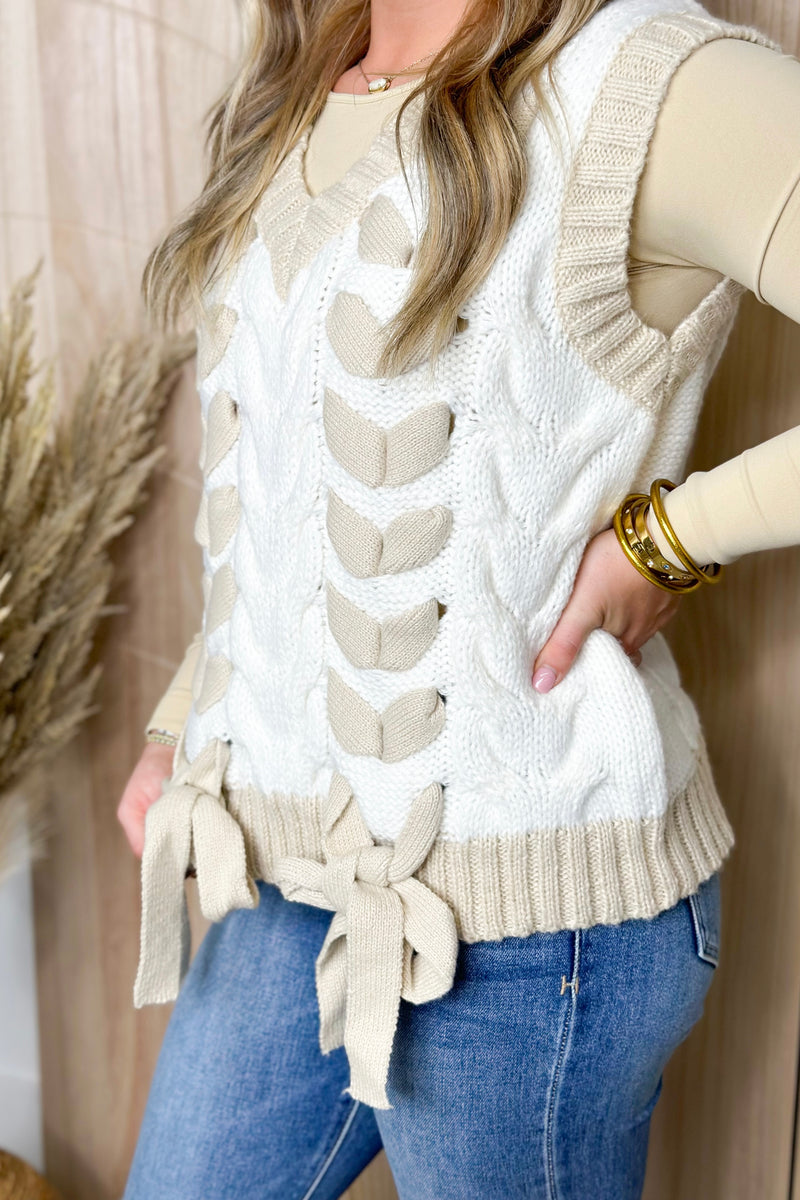 White/Taupe Lace Up V-Neck Sweater