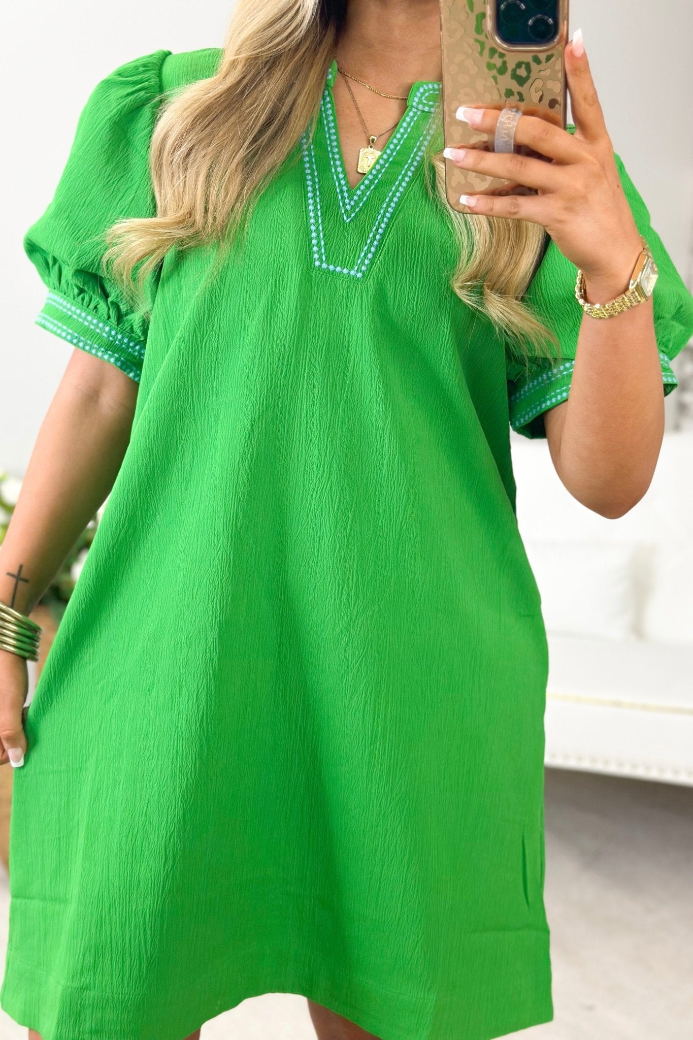 V-Neck Detailed Puff Sleeve Dress - Lavish BoutiqueDresses