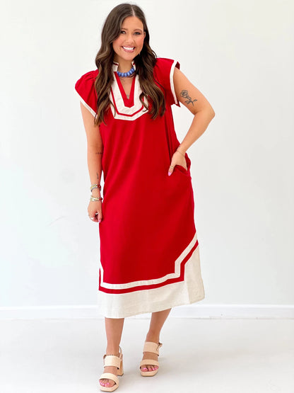 Linen blend midi dress with a simple V-neck front