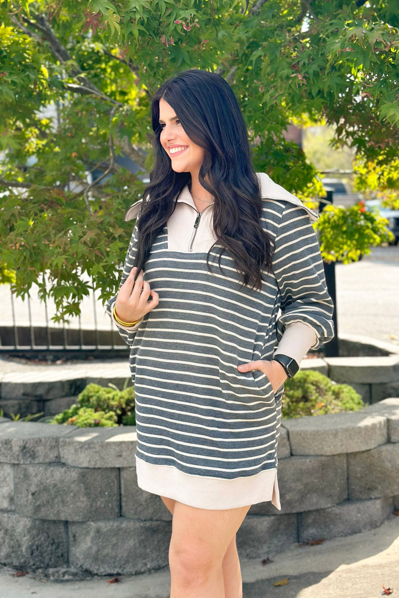 Heather Grey Half Zip Striped Sweater Dress