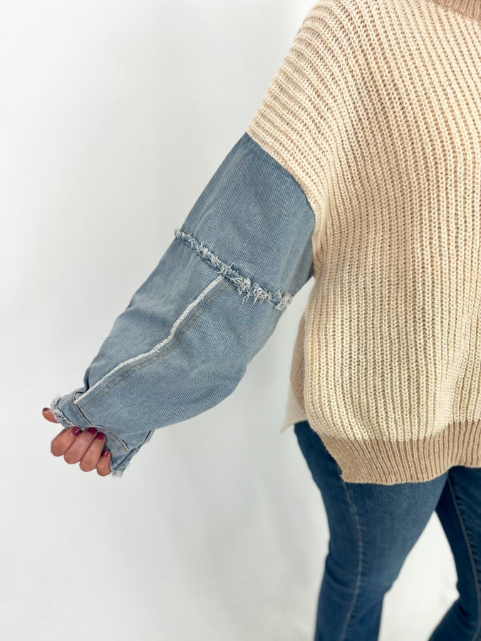 Ivory & Taupe Colorblock Denim Sweater