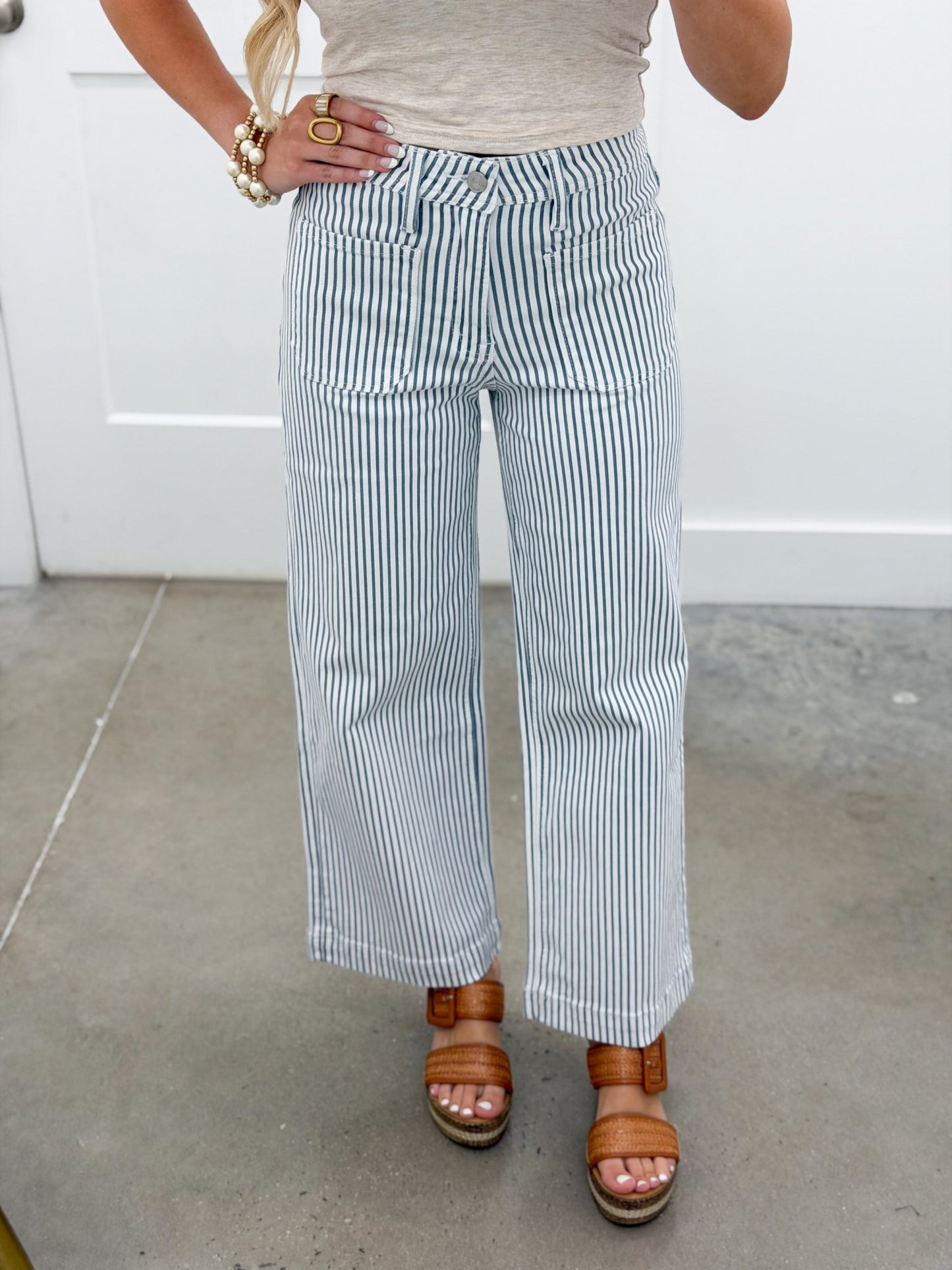 High rise striped pants with a full wide leg