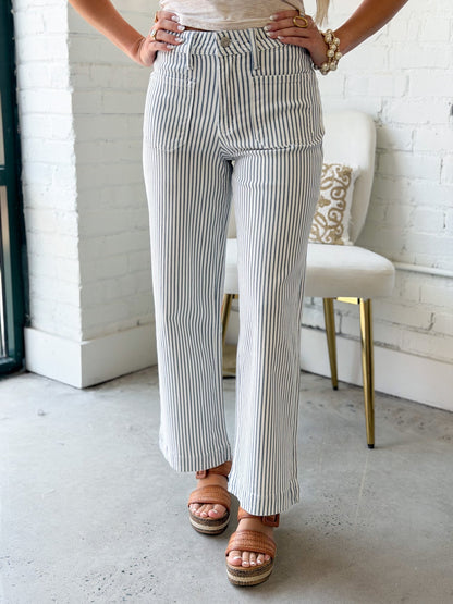 Striped high rise wide leg denim pants
