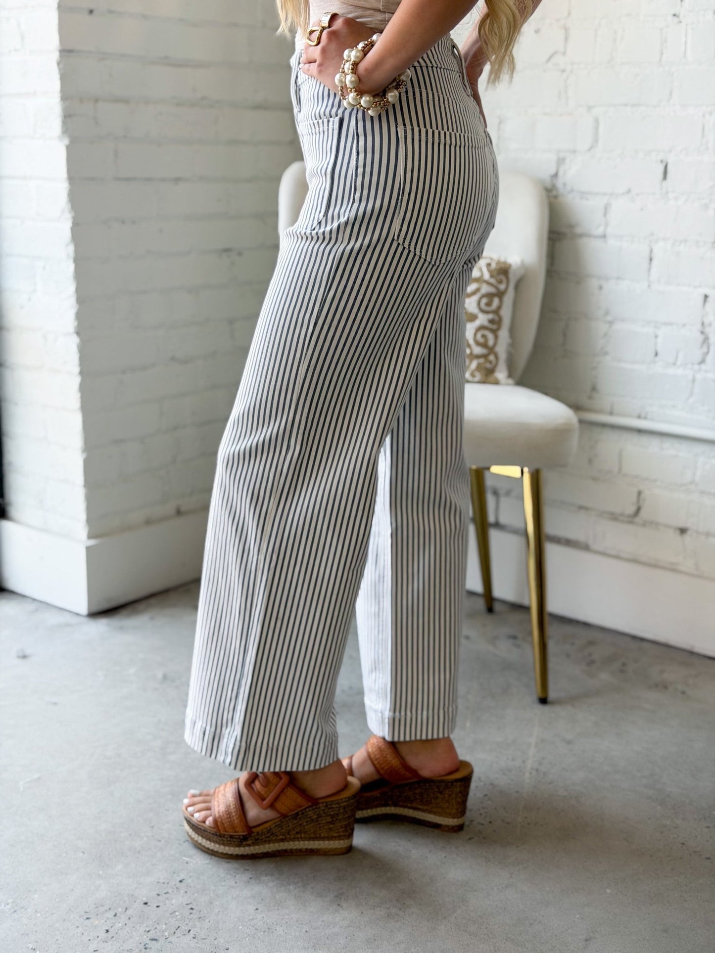 Striped wide leg denim with a high waist