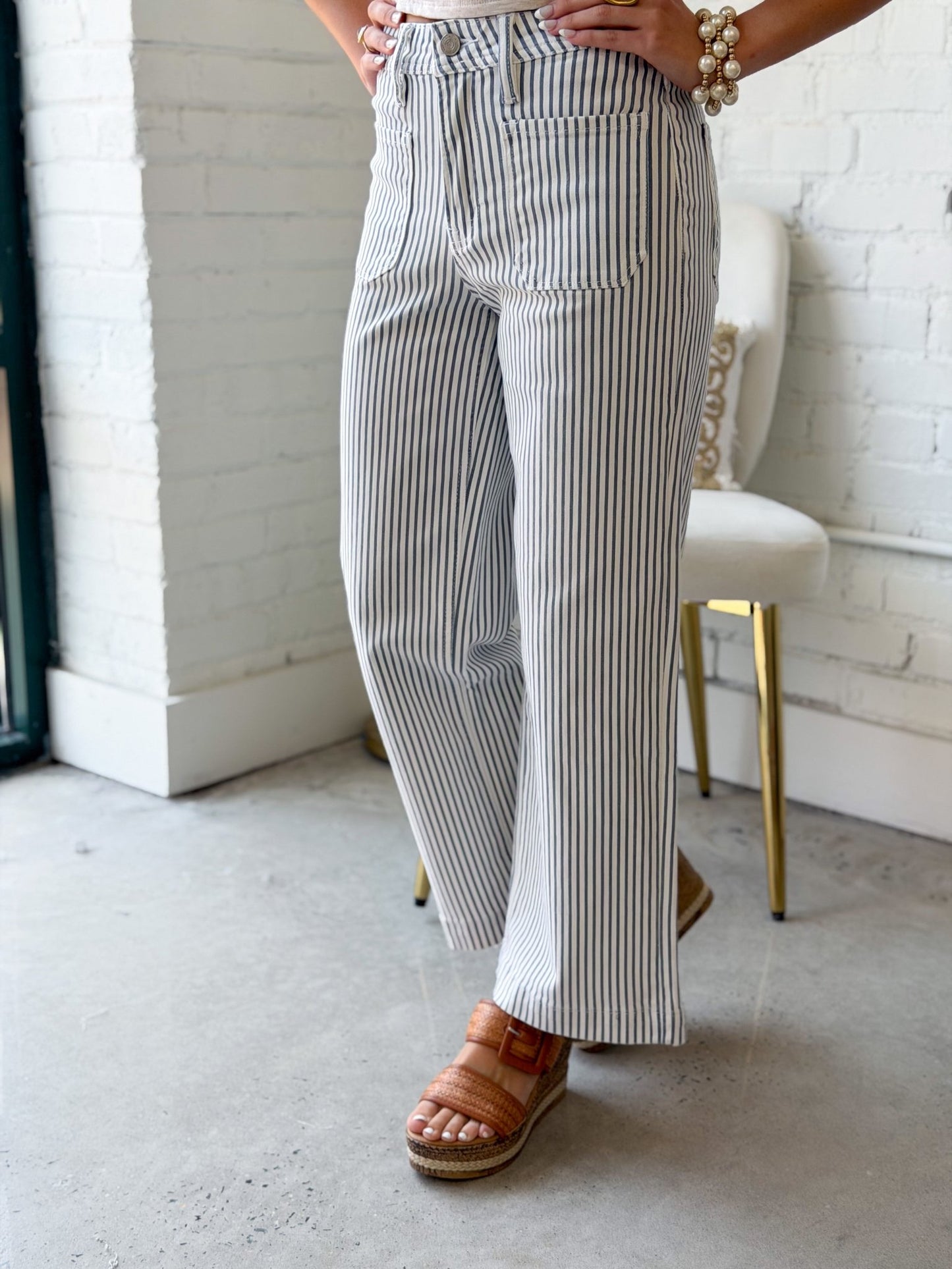 Stripe print wide leg pants with a five pocket cut