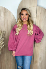 Mauve Bubble Sleeve Round Neck Top