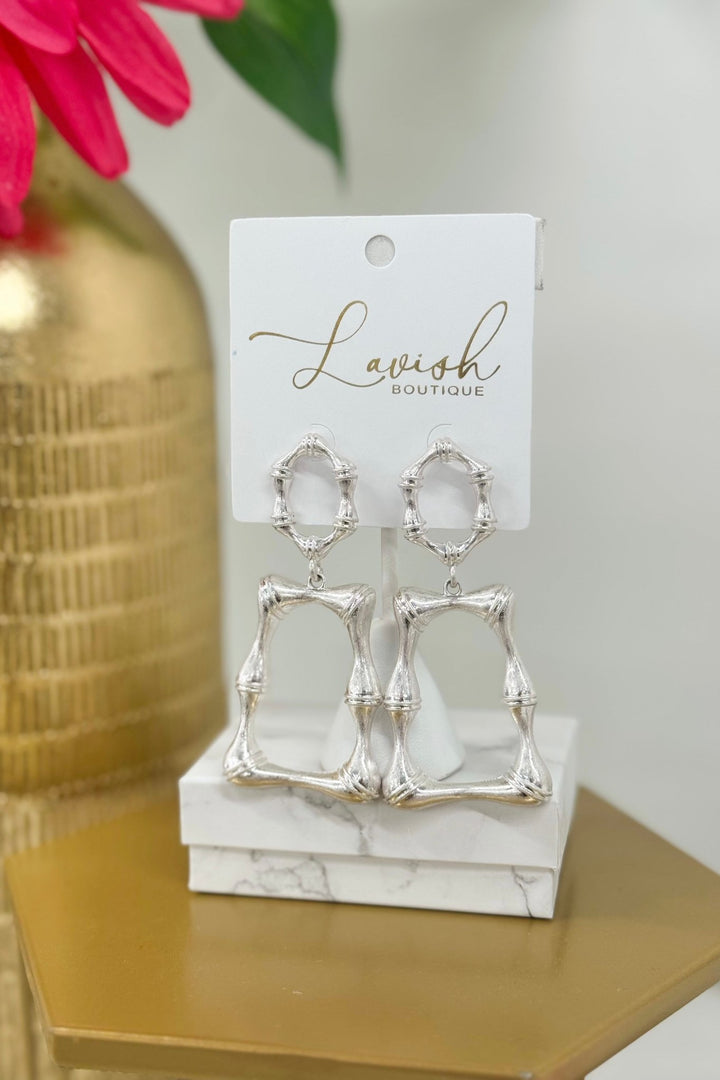 Vintage silver trapezoid drop earrings with a bamboo texture