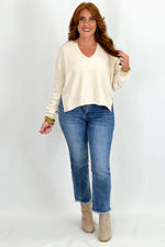 Oatmeal Seam Split Neck Knit Sweater