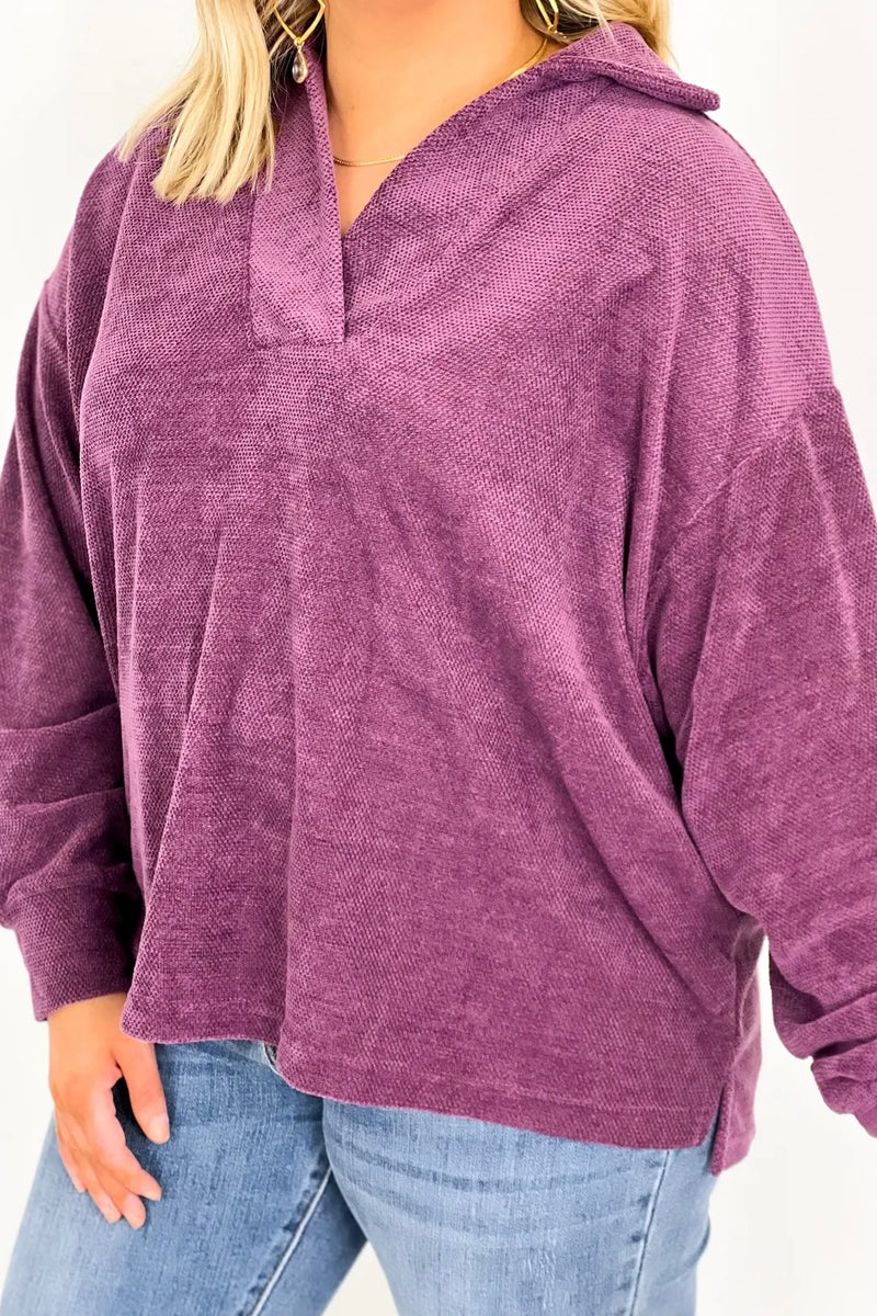 Plum Crossover Collared Long Sleeve Top