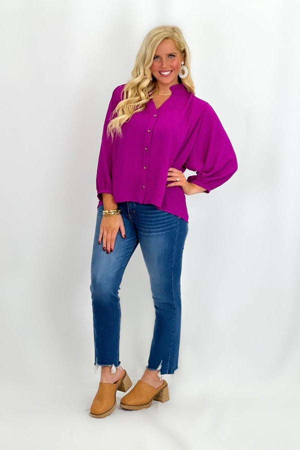 Magenta Ruffle Collar Button Down Top