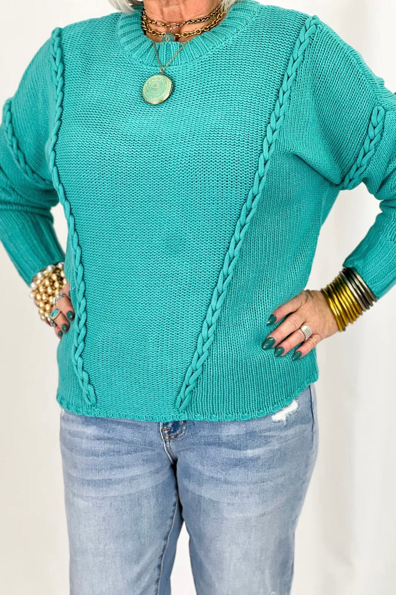 Teal Blue Braid Knit Detail Sweater