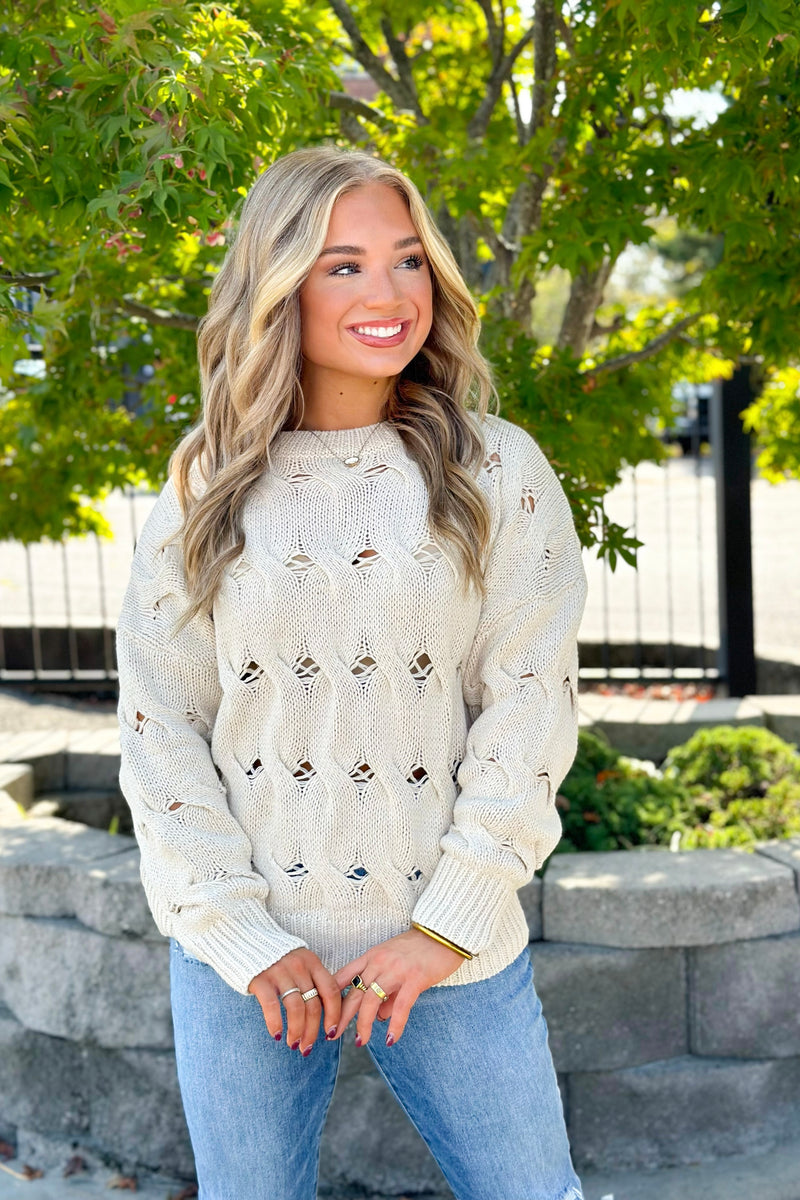 Cream Long Sleeve Crew Neck Cable Knit Sweater