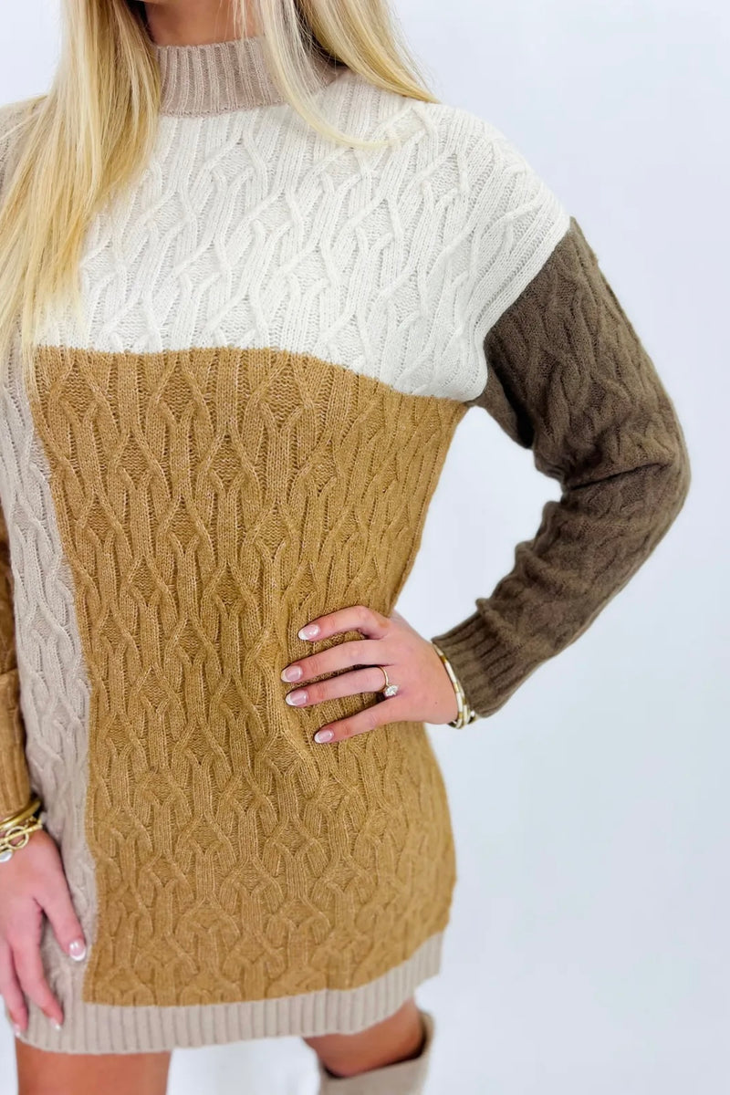 Taupe Color Block Crew Neck Sweater Dress