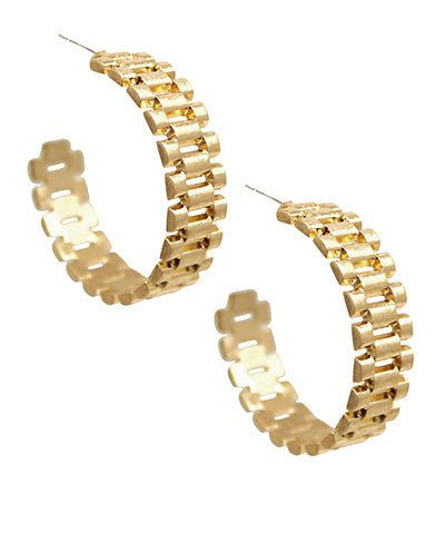 Gold hoops with a watch band link texture