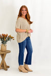 Taupe Waffle Knit Short Sleeve V-Neck Sweater