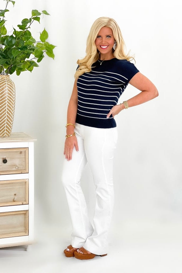 Navy and Ivory Striped Short Sleeve Sweater