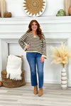 Taupe Stripe Split Neck Long Sleeve Sweater