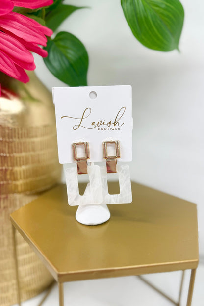 White and gold double square metal earrings