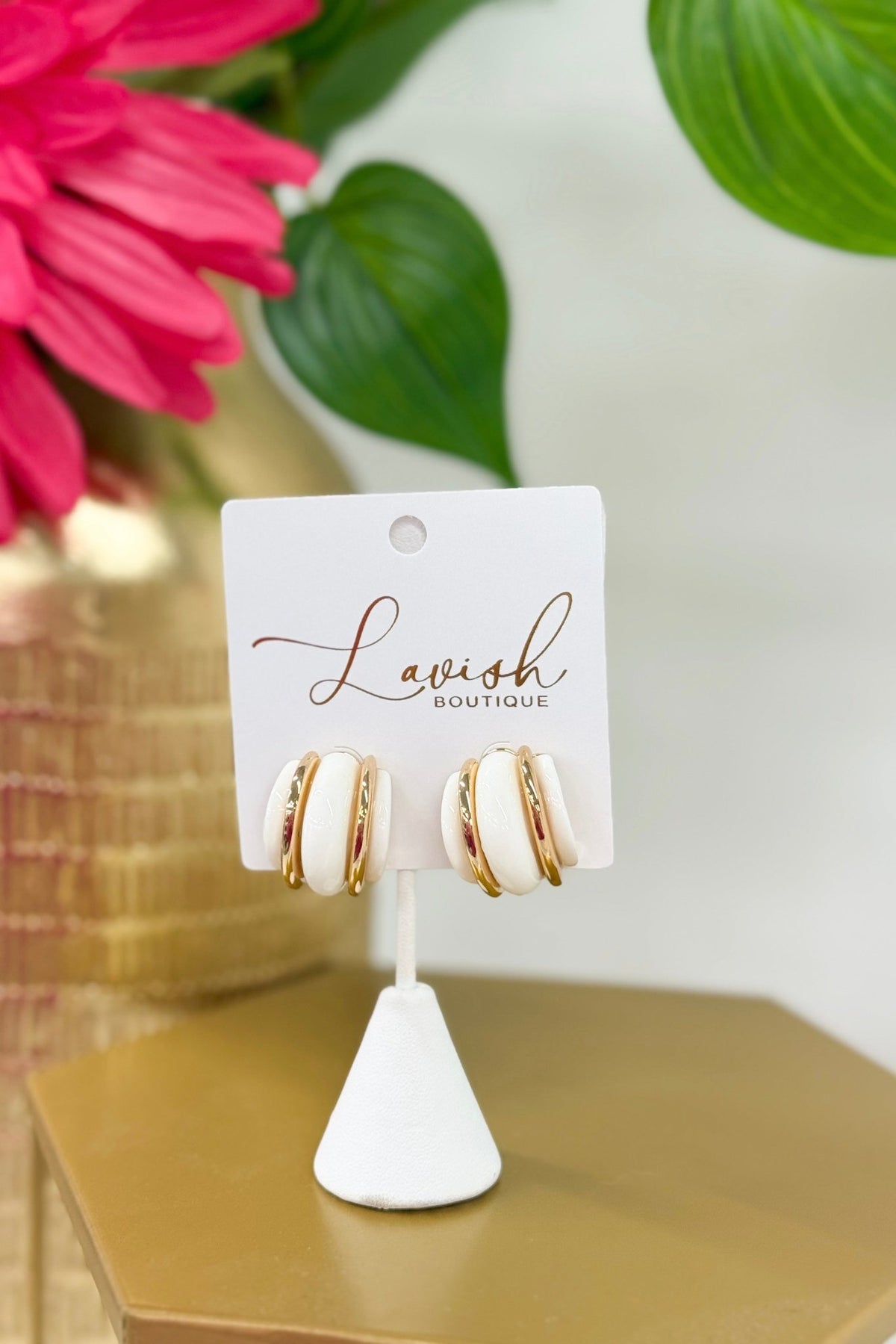 White and gold layered wide half hoop earrings