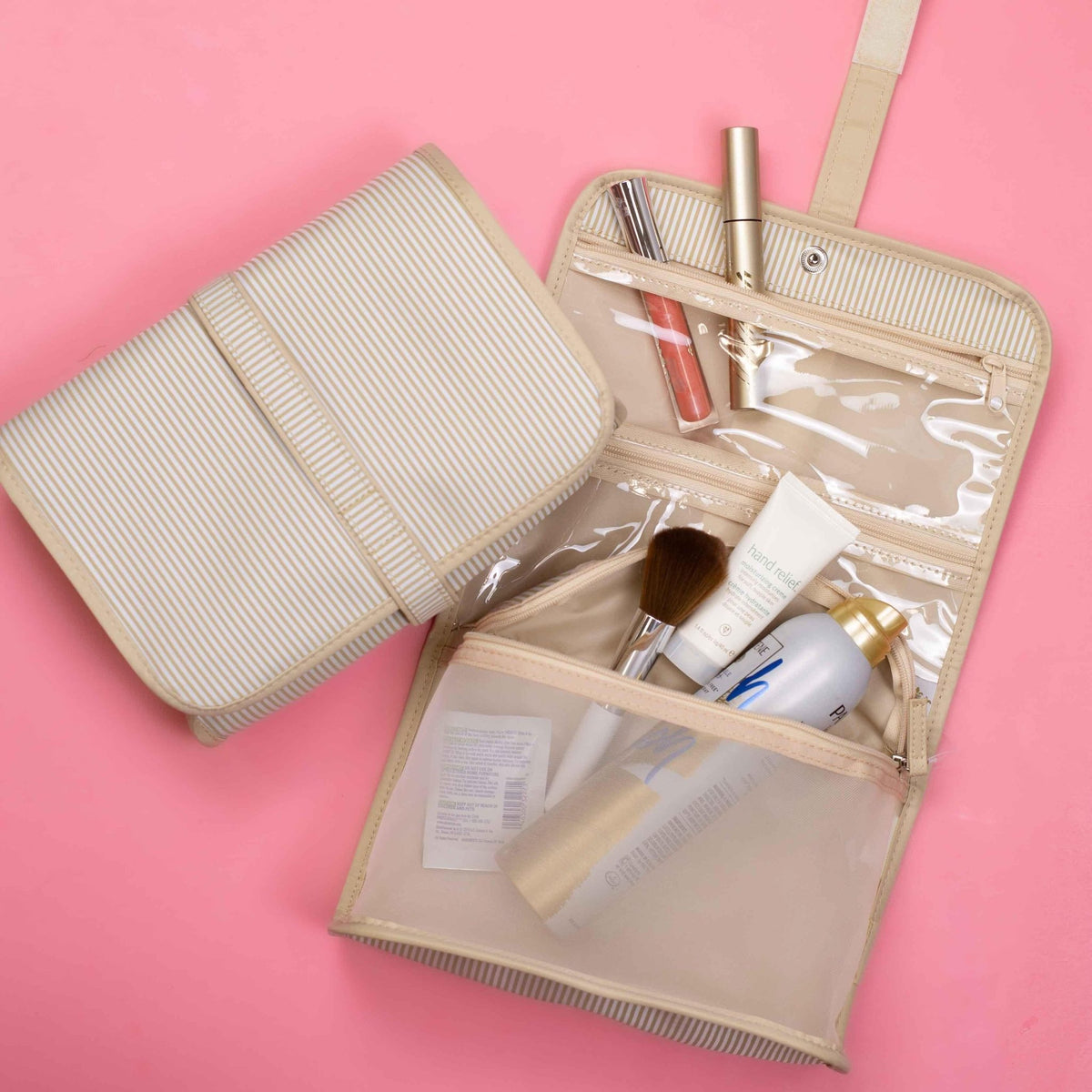 White pinstripe cosmetic bag for travel