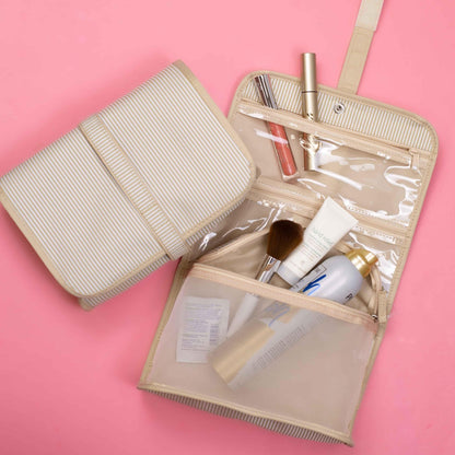 White pinstripe cosmetic bag for travel