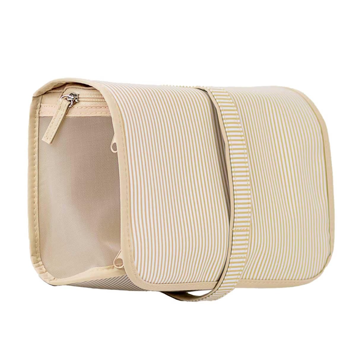 White and shell pinstripe travel cosmetic bag