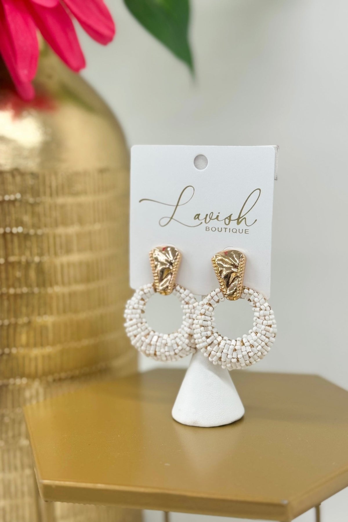 White beaded door knocker earrings