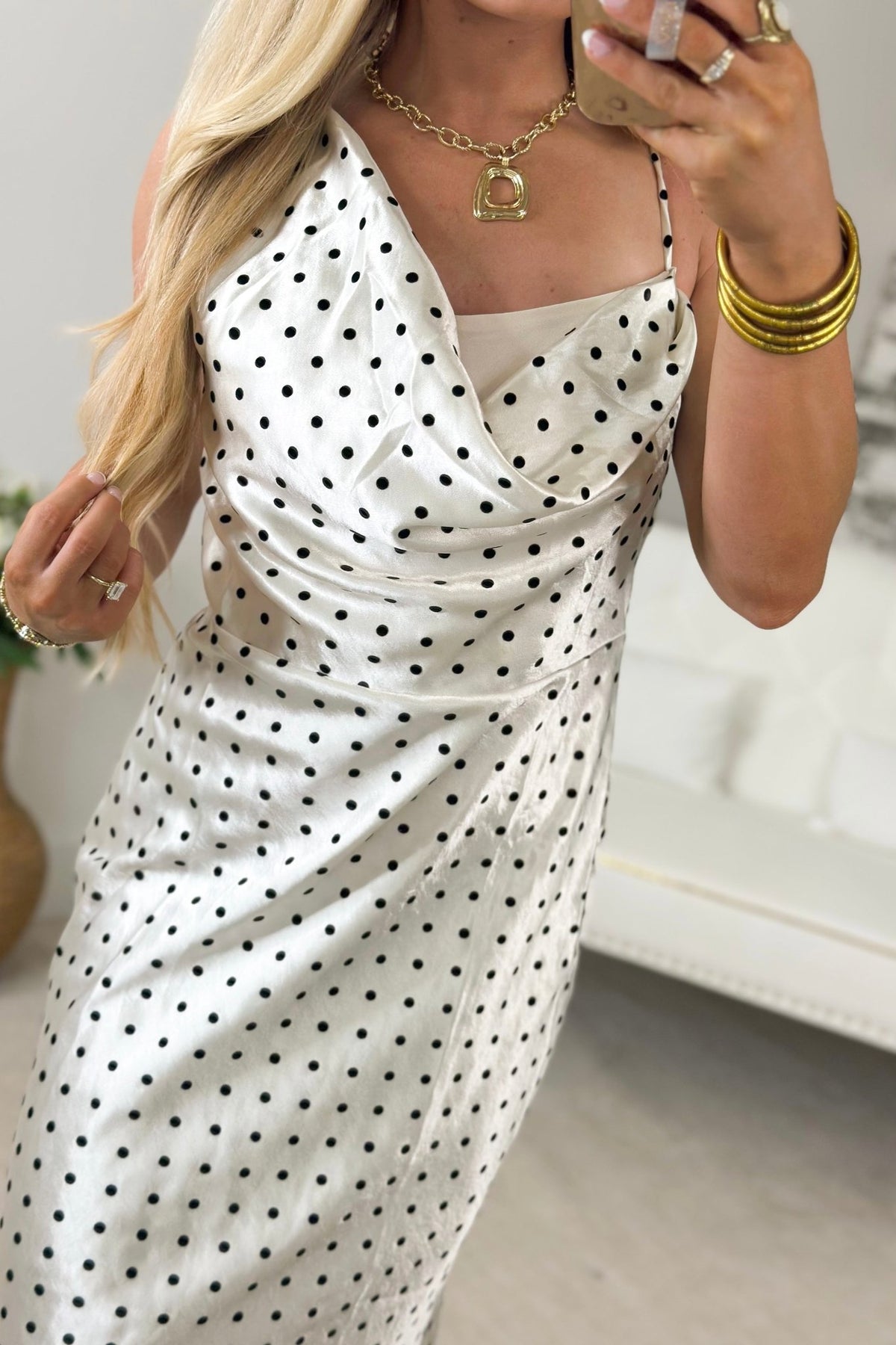 Monochrome print on a draped neck dress