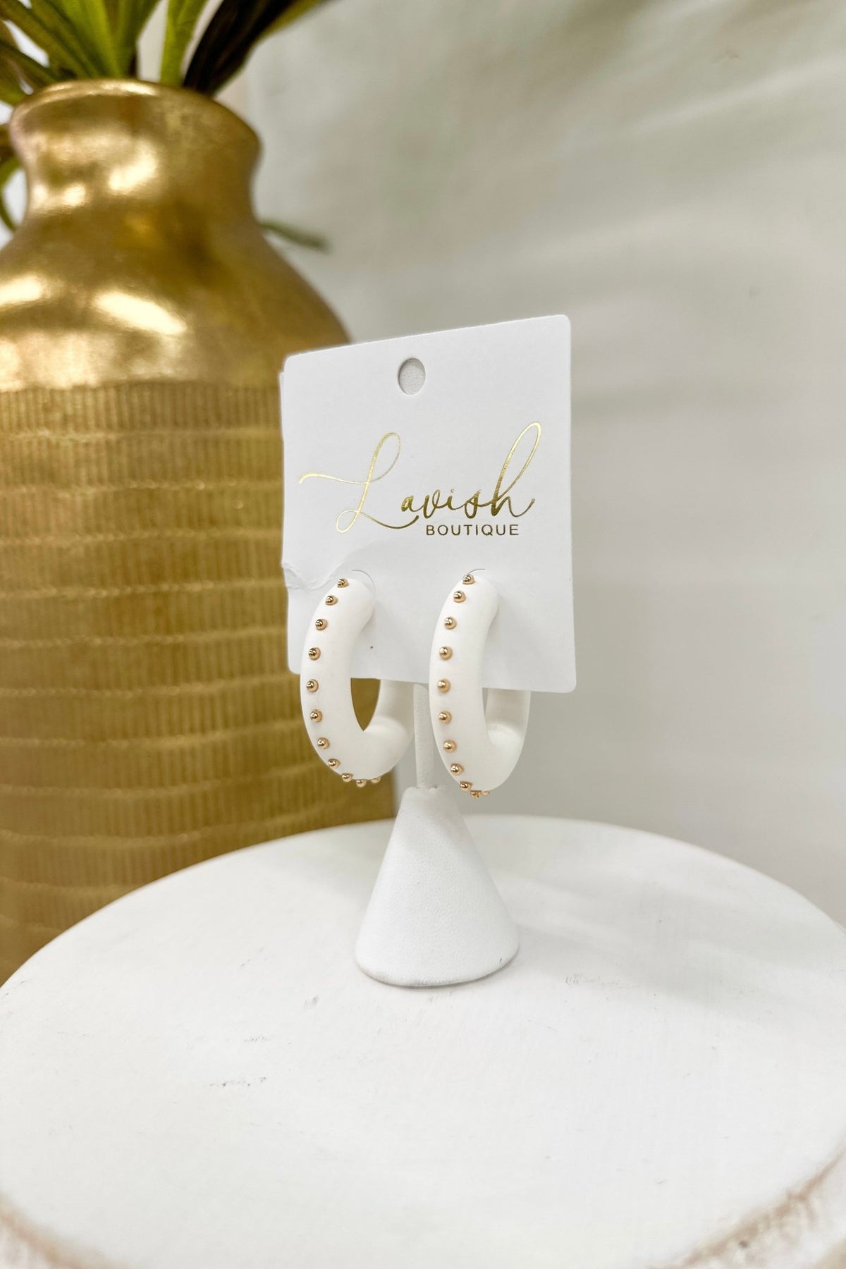 White and metal ball beaded hoop earrings